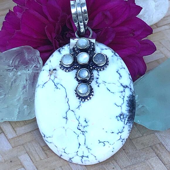 925 Sterling Large Dendrite & Moonstone Cross Pendant - Picture 2 of 5